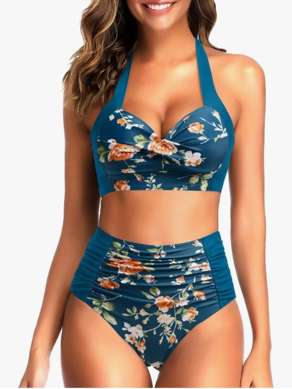 Teal Floral High-Waist Halter Bikini - Women Swim